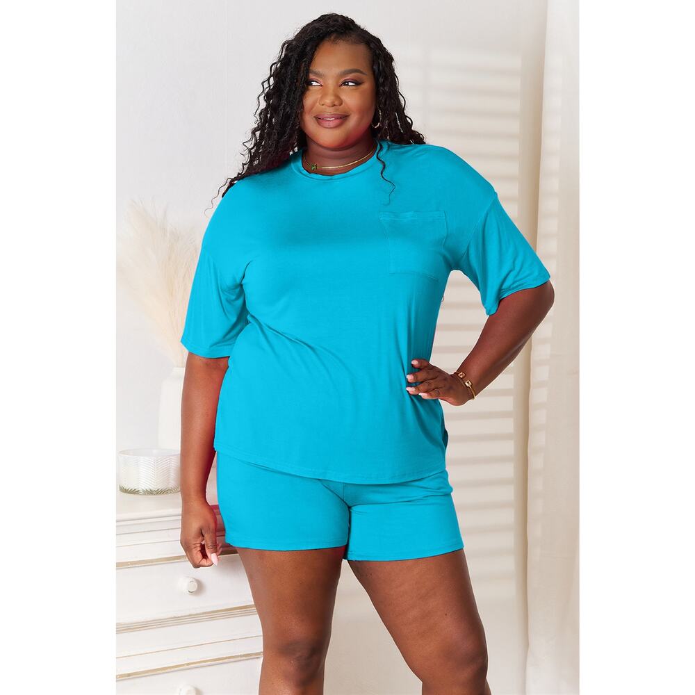 BASIC BAE Sky Blue Two Piece Soft Rayon Half Sleeve Top Shorts Set Casual NEW